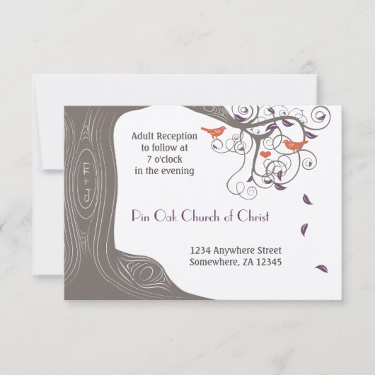 Invitation Arbre de Driftwood Tangerine Birds Purple Leaf Mar (Devant)