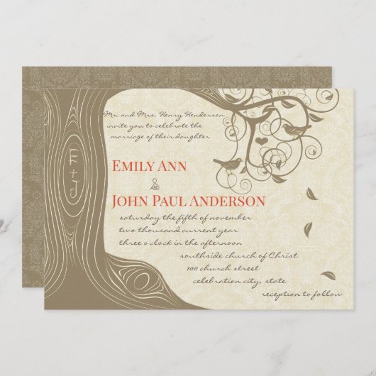 Invitation Arbre de Driftwood Tangerine Oiseaux de mariage In (Devant / Derrière)