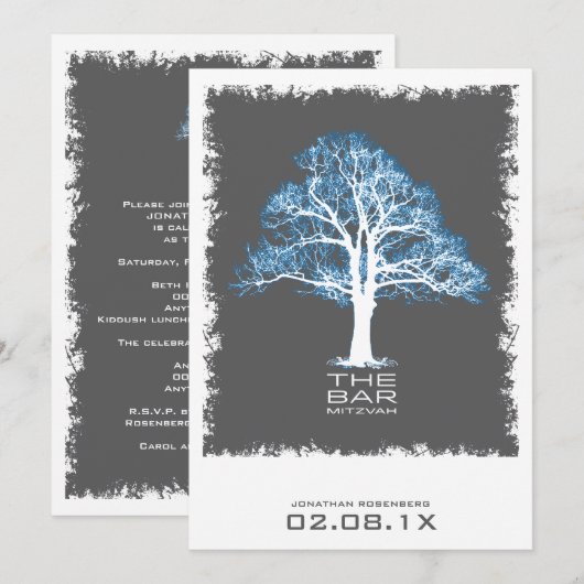Invitation Arbre de gris et de bleu d'invitation de Mitzvah (Devant / Derrière)
