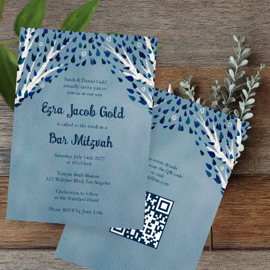 Invitation Arbre de la vie étoiles Custom Bat Bar Mitzvah QR 
