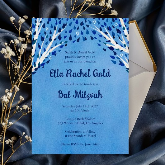 Invitation Arbre de la vie Stars Aquarelle Bat Bar Mitzvah