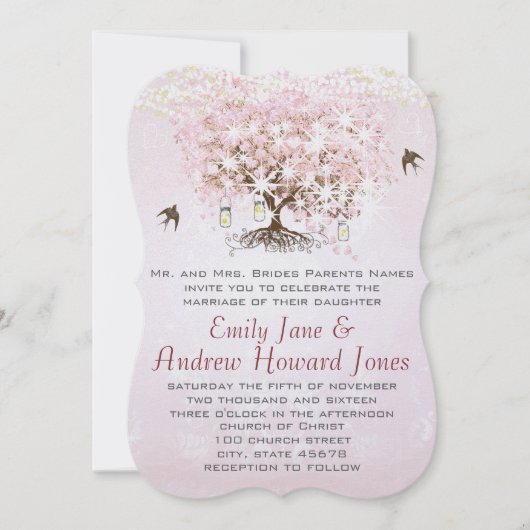 Invitation Arbre de l'amour oiseau simplement rose mariage co (Devant)