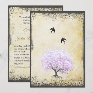 Invitation Arbre de Lavande à Feuilles de Cœur Mariage Oiseau