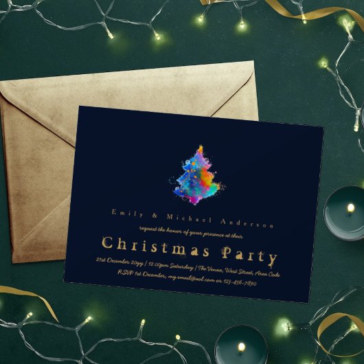 Invitation Arbre de Noël Arc-en-ciel moderne Marine Bleu tend