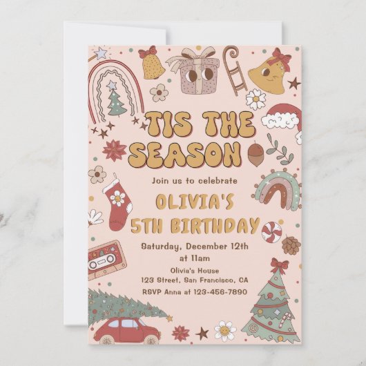 Invitation Arbre de Noël Arc-en-ciel rose Retro (Devant)