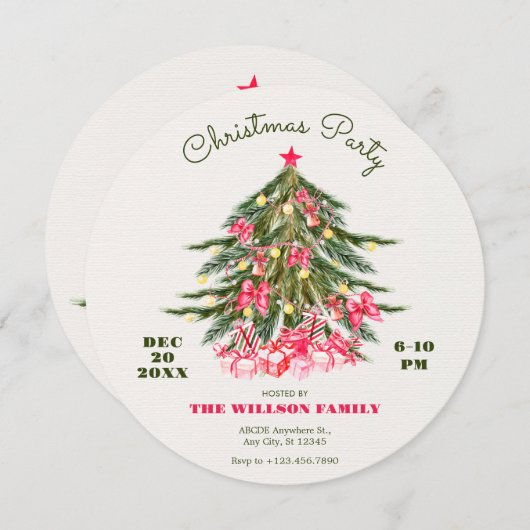 Invitation Arbre de Noël avec arc rose et cadeaux (Devant / Derrière)