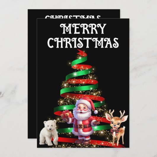 INVITATION ARBRE DE NOËL AVEC PÈRE NOËL, CERF ET OURS POLAIRE (Devant / Derrière)