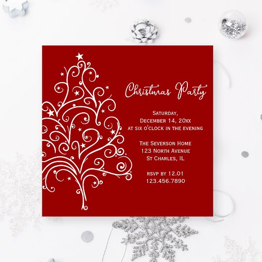 Invitation Arbre de Noël blanc à la fête des Fêtes rouges