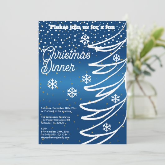 Invitation Arbre de Noël blanc & Neige & Or Confetti (Debout devant)