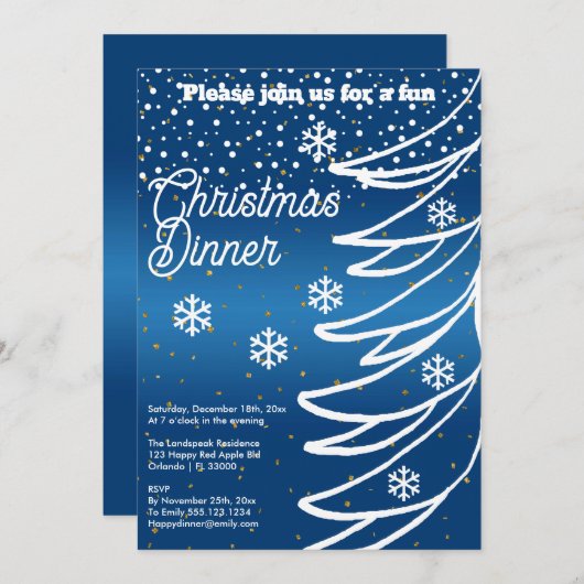 Invitation Arbre de Noël blanc & Neige & Or Confetti (Devant / Derrière)