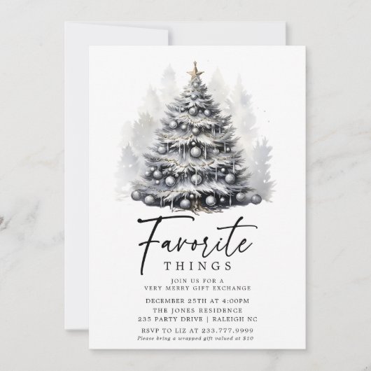 Invitation Arbre de Noël blanc noir moderne Chose préférée (Devant)