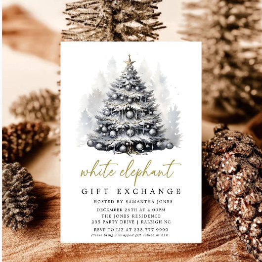 Invitation Arbre de Noël blanc noir moderne Eléphant blanc