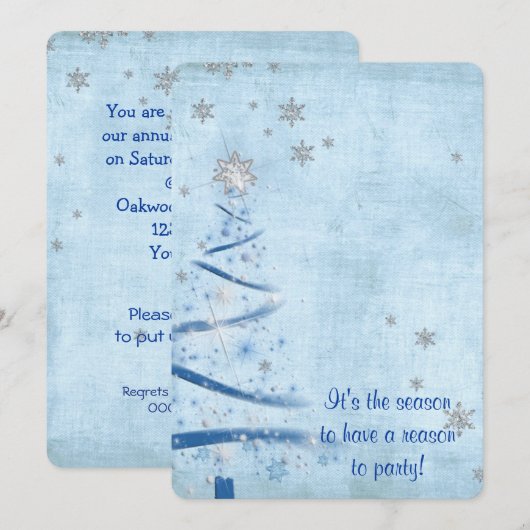 Invitation arbre de Noël bleu avec des flocons de neige argen (Devant / Derrière)