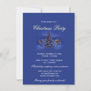 Invitation Arbre de Noël bleu vintage soirée nuit enneigée