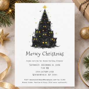 Invitation Arbre de Noël Chat Noir Amusant Meowy