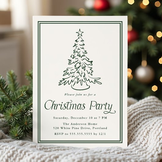 Invitation Arbre de Noël de fête à bordure vert forêt classiq