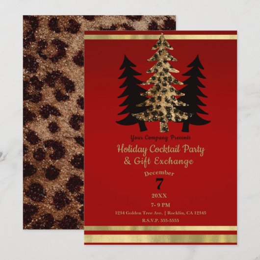 Invitation Arbre de Noël de fête Glam Léopard Or Rouge (Devant / Derrière)