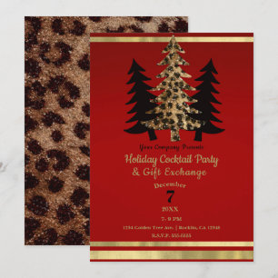Invitation Arbre de Noël de fête Glam Léopard Or Rouge