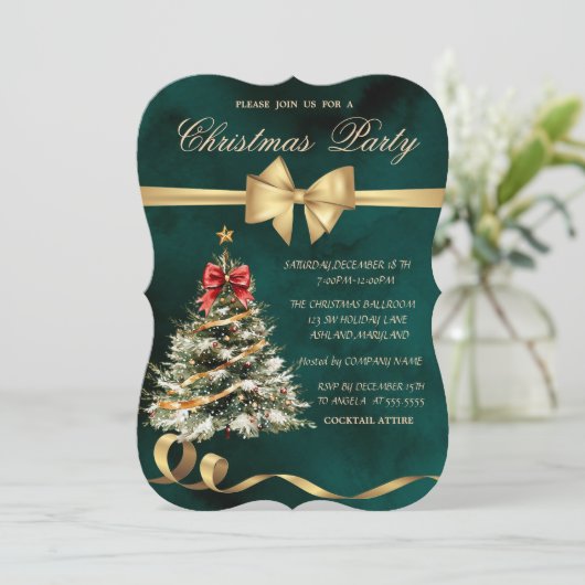 Invitation Arbre de Noël de vacances Bow, Fête de Noël verte (Debout devant)