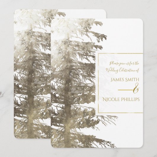Invitation Arbre de Noël doré et blanc Mariage rustique en fo (Devant / Derrière)