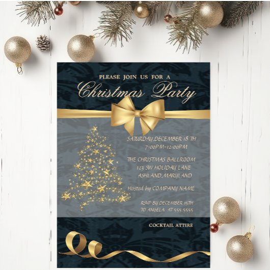 Invitation Arbre de Noël élégant, Bow, Fête de Noël