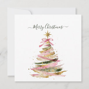 Invitation Arbre de Noël élégant rose et or à l'aquarelle