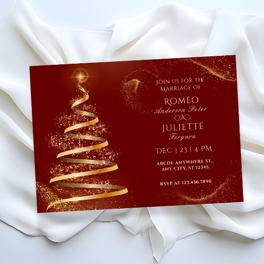 Invitation Arbre de Noël élégant rouge doré pour mariage