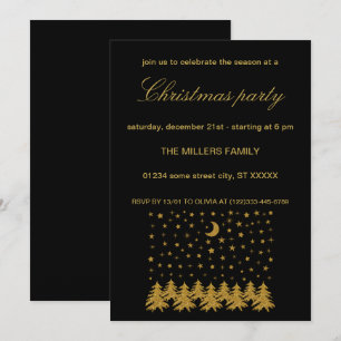 Invitation Arbre de Noël en or brillant, lune, étoiles sur no