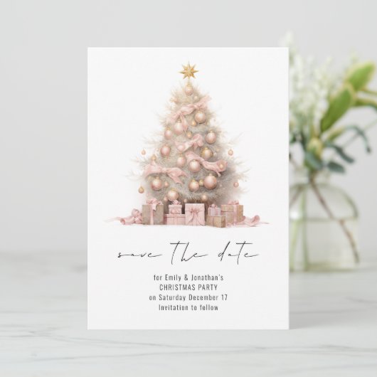 Invitation Arbre de Noël en or rose Enregistrer la date (Debout devant)