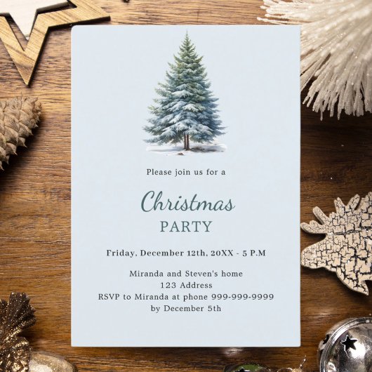 Invitation Arbre de Noël enneigé bleu dessiné main