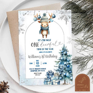 Invitation Arbre de Noël enneigé Renne Premier Anniversaire