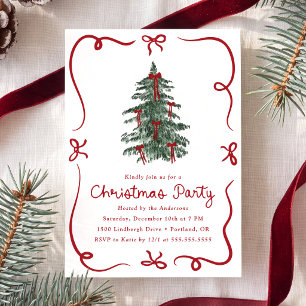 Invitation Arbre de Noël Fantaisiste Rubans Rouges Fête de No