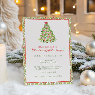 Invitation Arbre de Noël Fête au Ruban Rouge Aquarelle