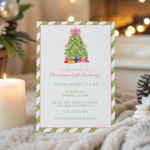 Invitation Arbre de Noël Fête Ruban Rose Coloré Aquarelle
