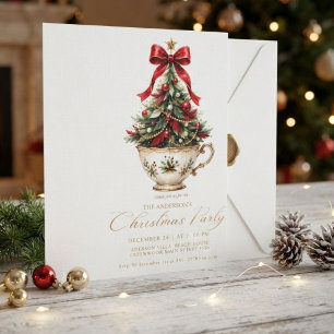 Invitation Arbre de Noël hivernal rouge et or élégant 