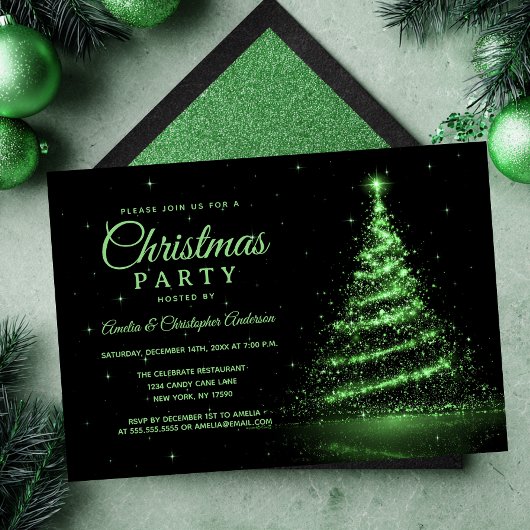 Invitation Arbre de Noël lumineux à paillettes vertes pour fê
