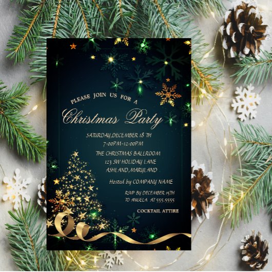 Invitation Arbre de Noël Or Flammes de neige vertes Noël