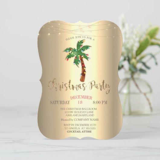 Invitation Arbre de Noël Palm Arbre Chaîne Lumière Or (Debout devant)