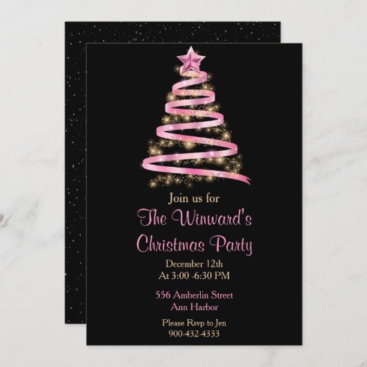 Invitation Arbre de Noël rose et or (Devant / Derrière)