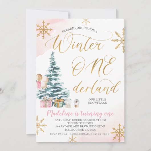 Invitation Arbre de Noël rose Hiver Onederland Anniversaire (Devant)
