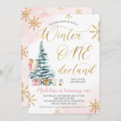 Invitation Arbre de Noël rose Hiver Onederland Anniversaire (Devant / Derrière)