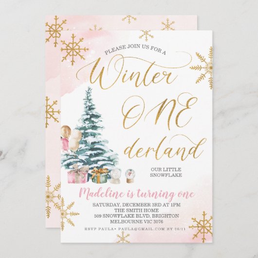 Invitation Arbre de Noël rose Hiver Onederland Anniversaire (Devant / Derrière)