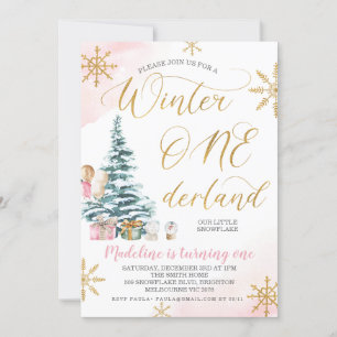 Invitation Arbre de Noël rose Hiver Onederland Anniversaire