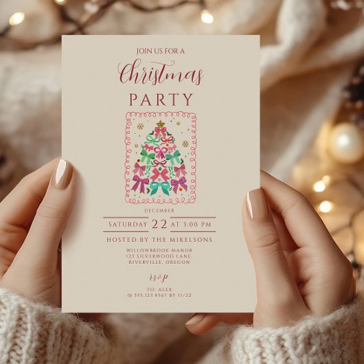 Invitation Arbre de Noël Rose Ruban Coquette