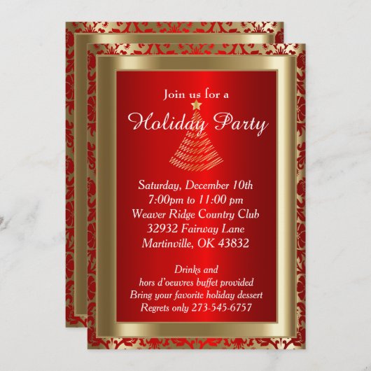 Invitation Arbre de Noël rouge et or (Devant / Derrière)