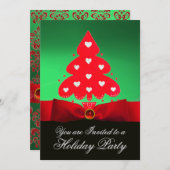 Invitation Arbre de Noël rouge, Soirée aux Damas noires verte (Devant / Derrière)