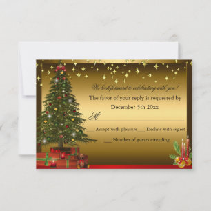 Invitation Arbre de Noël Rouge Vert or Noël Vacances RSVP