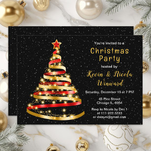 Invitation Arbre de Noël Ruban Rouge et Or Soirée de Noël
