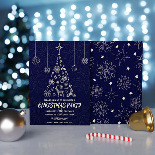 Invitation Arbre de Noël sobre bleu foncé et or élégant