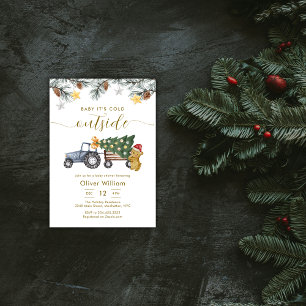 Invitation Arbre de Noël Tracteur Ours Fête Prénatale Hiver